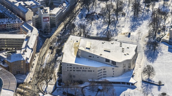 Aerial view, Aalto Musiktheater Essen, Hochtiefhaus, city centre, Essen, Ruhr area, North Rhine-Westphalia, Germany, DE, Europe, culture, art, aerial view, aerial photography, aerial photography, opera square, snow, overview, events, event location, event venue, event centre, bird's eye view, winter, birds-eyes view, cultural use, overview