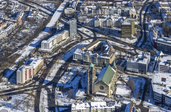 Aerial view, Pferdemarkt, St. Gertrud church, high-rise building ZIM university department, Westviertel, Essen, Ruhr area, North Rhine-Westphalia, Germany, place of worship, DE, Europe, religious community, place of worship, holy place, church, parish, denomination, aerial view, aerial photography, aerial photography, religion, religious site, Rheinischer Platz, Rottstraße, snow, overview, bird's-eye view, winter, birds-eyes view, overview