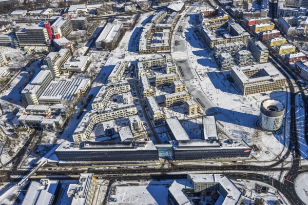Aerial view, Funke Mediengruppe headquarters, Jakob-Funke-Platz 1, Berliner Platz, university quarter Grüne Mitte Essen, Rheinische Straße, Westviertel, Essen, Ruhr area, North Rhine-Westphalia, Germany, DE, development, Europe, Funke Mediengruppe, Grüne Mitte Essen, aerial view, aerial photography, aerial photography, media house, snow, tower WAZ/NRZ-LeserLaden Kiosk Essen, overview, bird's-eye view, winter, newspaper publisher, birds-eyes view, overview