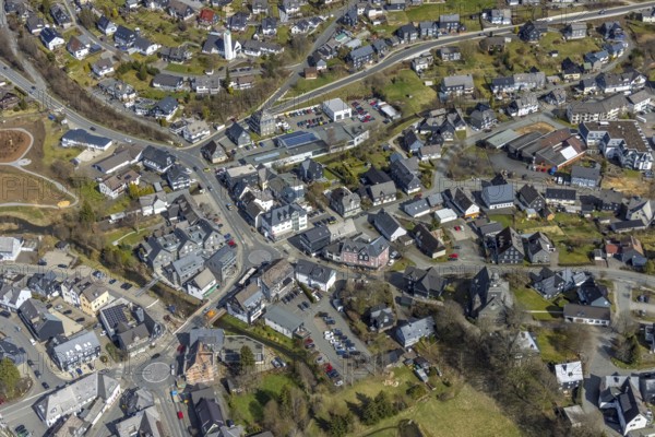 Aerial view, local view, Christus-König-Kirche und evang. Kirche Erndtebrück, Siegerland, North Rhine-Westphalia, Germany, place of worship, Bergstrasse, DE, Erndtebrück, Europe, religious community, place of worship, sacred site, church, parish, denomination, roundabout, roundabout, aerial view, aerial photography, aerial photography, religion, religious site, Talstrasse, overview, bird's-eye view, birds-eyes view, overview