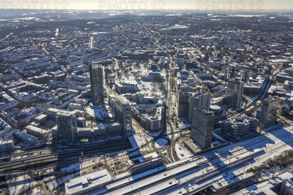 Aerial view, construction site demolition RWE Haus, city centre, Essen, Ruhr area, North Rhine-Westphalia, Germany, demolition work, City, DE, Europe, Huyssenallee, aerial view, aerial photography, aerial photography, snow, overview, bird's eye view, winter, birds-eyes view, overview
