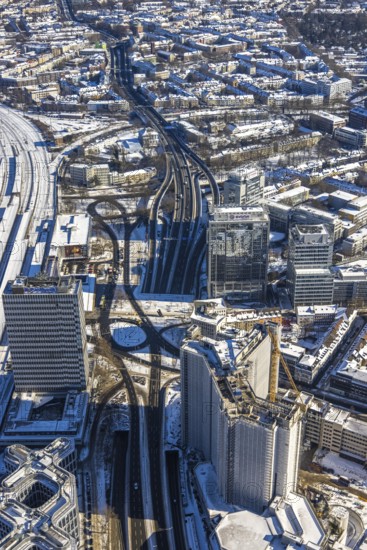 Aerial view, innogy high-rise building, construction site demolition RWE Haus, Südviertel, Essen, Ruhr area, North Rhine-Westphalia, Germany, demolition work, City, DE, Europe, Huyssenallee, city centre, aerial view, aerial photography, aerial photography, snow, city centre, overview, bird's eye view, winter, Ypsilon-Haus, birds-eyes view, overview