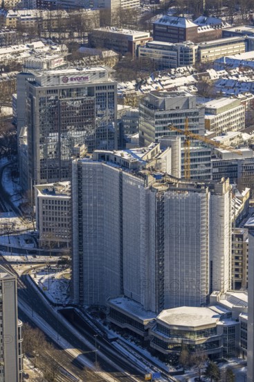 Aerial view, construction site demolition RWE Haus, Essen-Holsterhausen, Essen, Ruhr area, North Rhine-Westphalia, Germany, demolition work, DE, Europe, Huyssenallee, aerial view, aerial photography, aerial photography, snow, overview, bird's eye view, winter, birds-eyes view, overview
