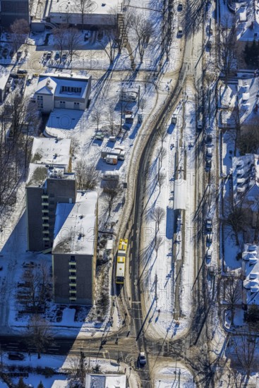 Aerial view, Studentenwerk Essen-Duisburg AöR student residence, Margarethenhöhe bus stop, Essen, Ruhr area, North Rhine-Westphalia, Germany, DE, Europe, skyscrapers, aerial view, aerial photography, aerial photography, snow, overview, bird's eye view, winter, birds-eyes view, overview