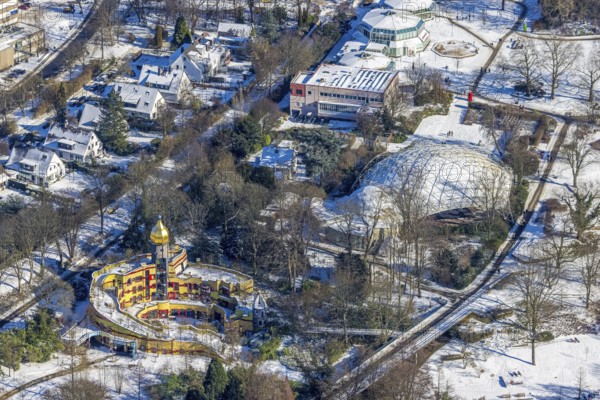 Aerial view, Ronald McDonald House, Hundertwasser House, Margarethenhöhe, Essen, Ruhr area, North Rhine-Westphalia, Germany, DE, Europe, Friedensreich Hundertwasser, childcare facility, art, aerial view, aerial photography, aerial photography, snow, overview, under the stars, bird's eye view, winter, birds-eyes view, overview