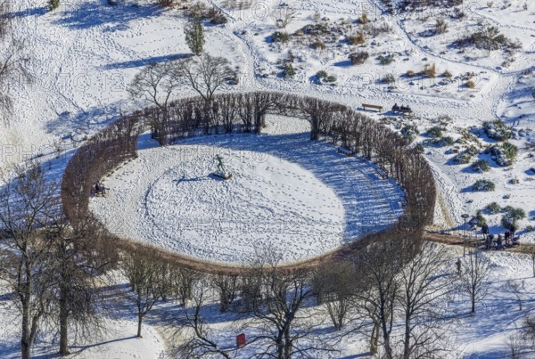 Aerial view, tree circle, Margarethenhöhe, Essen, Ruhr area, North Rhine-Westphalia, Germany, trees in winter, DE, Europe, circular shape, aerial view, aerial photography, aerial photography, snow, overview, bird's-eye view, winter, birds-eyes view, overview