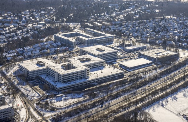 Aerial view, Karstadt Warenhaus GmbH, Essen police, Büropark Bredeney, Landesbetrieb Straßenbau North Rhine-Westphalia, Margarethenhöhe, Essen, Ruhr area, North Rhine-Westphalia, Germany, DE, Europe, commercial enterprises, commercial area, commercial area, commercial location, commercial use, industrial area, industrial location, aerial photograph, aerial photography, aerial photography, snow, Theodor-Althoff-Straße, overview, bird's-eye view, winter, birds-eyes view, overview