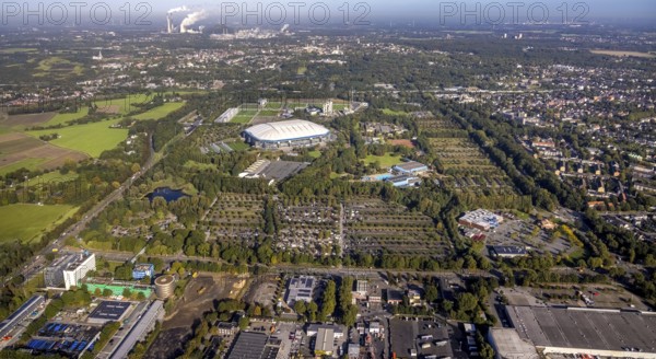 Aerial view, VELTINS-Arena Bundesliga stadium of FC Schalke 04 and Gigantmarkt Gelsenkirchen flea market in the Erle district of Gelsenkirchen, Ruhr area, North Rhine-Westphalia, Germany, Arena, DE, Europe, football pitch, football stadium, football club, Gelsenkirchen, aerial view, aerial photography, aerial photography, sports, sports facilities, sports field, sports venue, stadium, overview, bird's-eye view, overview