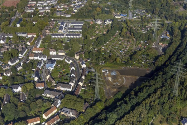 Aerial view, construction site canal works at Hüller Bach Preußenstraße in the district Gelsenkirchen-Bulmke-Hüllen in Gelsenkirchen, Ruhr area, North Rhine-Westphalia, Germany, construction works, construction area, construction site, building plots, construction project, construction site, DE, Europe, Gelsenkirchen, aerial view, aerial photography, aerial photography, overview, bird's-eye view, overview