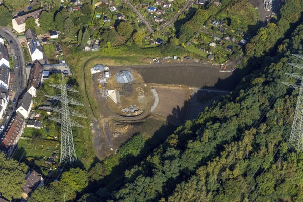 Aerial view, construction site canal works at Hüller Bach Preußenstraße in the district Gelsenkirchen-Bulmke-Hüllen in Gelsenkirchen, Ruhr area, North Rhine-Westphalia, Germany, construction works, construction area, construction site, building plots, construction project, construction site, DE, Europe, Gelsenkirchen, aerial view, aerial photography, aerial photography, overview, bird's-eye view, overview