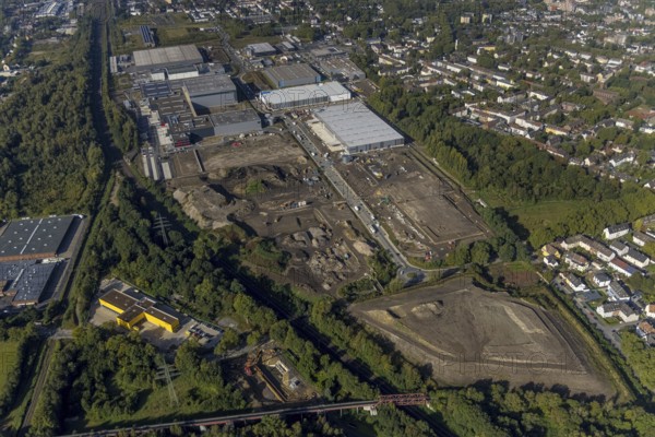 Aerial view, construction site industrial estate Europastraße with bilstein group logistics centre in the district Gelsenkirchen-Bulmke-Hüllen in Gelsenkirchen, Ruhr area, North Rhine-Westphalia, Germany