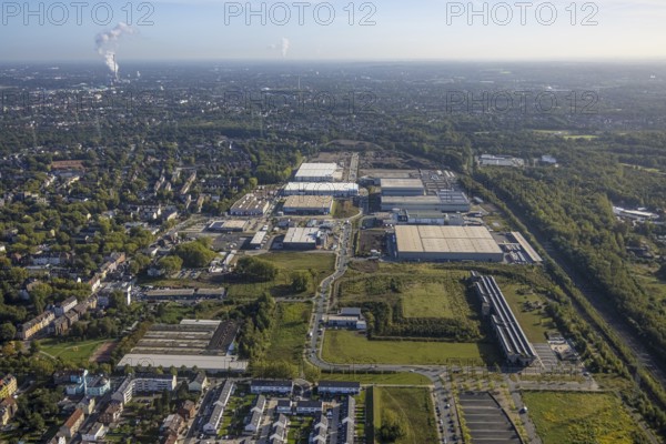 Aerial view, construction site industrial estate Europastraße with bilstein group logistics centre in the district Gelsenkirchen-Bulmke-Hüllen in Gelsenkirchen, Ruhr area, North Rhine-Westphalia, Germany, construction work, construction area, building site, building plots, construction project, construction site, DE, Europe, Gelsenkirchen, aerial view, aerial photography, aerial photography, new building, overview, bird's-eye view, overview