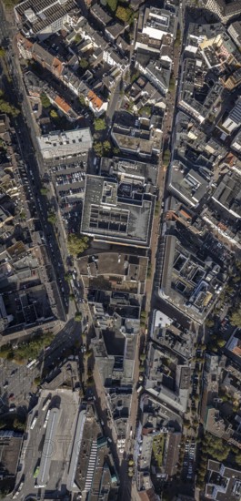 Aerial view, Bahnhofstraße pedestrian zone with Galeria Kaufhof building in the Altstadt district in Gelsenkirchen, Ruhr area, North Rhine-Westphalia, Germany, DE, shopping centre, shopping markets, shopping square, shopping centre, Europe, pedestrian zone, Gelsenkirchen, aerial view, aerial photography, aerial photography, local supply centre, shopping centre, overview, bird's-eye view, overview
