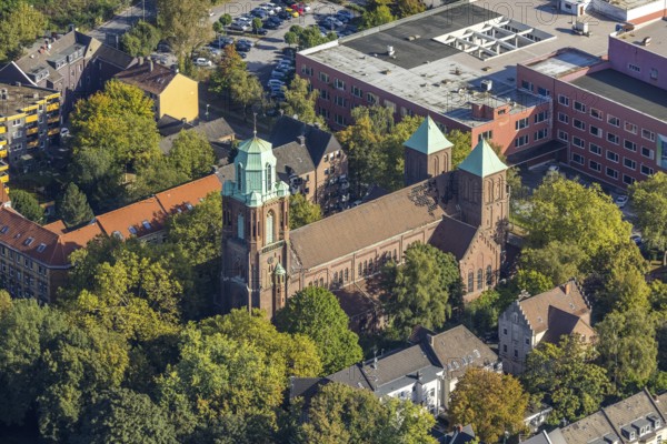 Aerial view, catholic church St. Mariä Himmelfahrt in the district Rotthausen in Gelsenkirchen, Ruhr area, North Rhine-Westphalia, Germany, place of worship, DE, Europe, Gelsenkirchen, religious community, place of worship, holy place, church, parish, denomination, aerial view, aerial photography, aerial photography, religion, religious site, overview, bird's-eye view, overview
