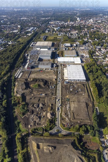 Aerial view, construction site industrial estate Europastraße with bilstein group logistics centre in the district Gelsenkirchen-Bulmke-Hüllen in Gelsenkirchen, Ruhr area, North Rhine-Westphalia, Germany, construction work, construction area, building site, building plots, construction project, construction site, DE, Europe, Gelsenkirchen, aerial view, aerial photography, aerial photography, new building, overview, bird's-eye view, overview