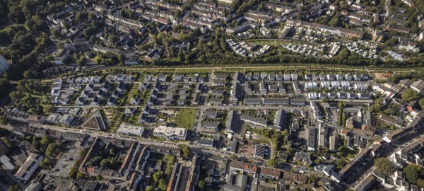 Aerial view, terraced house housing estate between Feldahornstraße and Rheinische Straße in the district Feldmark in Gelsenkirchen, Ruhr area, North Rhine-Westphalia, Germany, DE, Europe, Gelsenkirchen, property tax, real estate, aerial view, aerial photography, aerial photography, overview, bird's-eye view, housing estate, housing and living, residential area, residential buildings, quality of living, residential neighbourhood, housing estate, birds-eyes view, overview