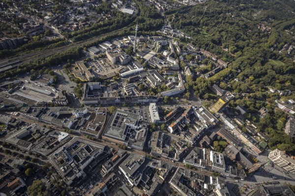 Aerial view, Bahnhofstraße pedestrian zone with Galeria Kaufhof building in the Altstadt district in Gelsenkirchen, Ruhr area, North Rhine-Westphalia, Germany, DE, shopping centre, shopping markets, shopping square, shopping centre, Europe, pedestrian zone, Gelsenkirchen, aerial view, aerial photography, aerial photography, local supply centre, shopping centre, overview, bird's-eye view, overview