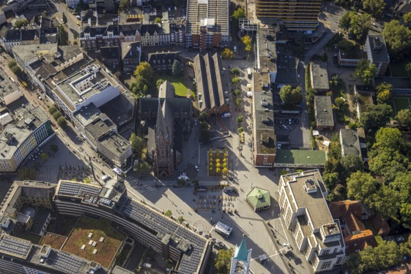 Aerial view, Heinrich-König-Platz in the city centre with Old Tower and Provost Church of St. Augustine in the Altstadt district of Gelsenkirchen, Ruhr area, North Rhine-Westphalia, Germany, Altstadt, place of worship, city, DE, Europe, Gelsenkirchen, religious community, place of worship, holy site, city centre, church, parish, denomination, aerial photograph, aerial photography, aerial photography, religion, religious site, city centre, overview, bird's-eye view, bird's-eye view, overview