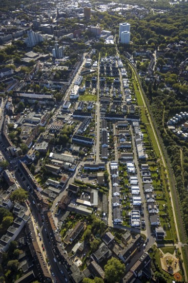 Aerial view, terraced house housing estate between Feldahornstraße and Rheinische Straße in the district Feldmark in Gelsenkirchen, Ruhr area, North Rhine-Westphalia, Germany, DE, Europe, Gelsenkirchen, property tax, real estate, aerial view, aerial photography, aerial photography, overview, bird's-eye view, housing estate, housing and living, residential area, residential buildings, quality of living, residential neighbourhood, housing estate, birds-eyes view, overview