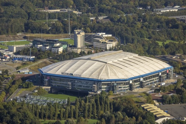 Aerial view, VELTINS-Arena Bundesliga stadium of FC Schalke 04 in the Erle district of Gelsenkirchen, Ruhr area, North Rhine-Westphalia, Germany, arena, DE, Europe, football pitch, football stadium, football club, Gelsenkirchen, aerial view, aerial photography, aerial photography, sports, sports facilities, sports field, sports venue, stadium, overview, bird's eye view, bird's eye view, overview