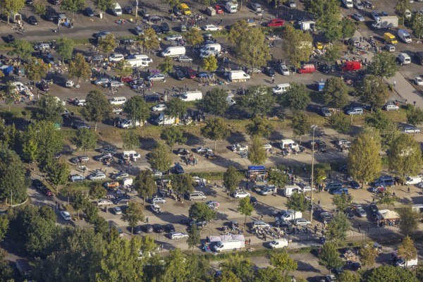 Aerial view, Gigantmarkt Gelsenkirchen flea market on the car park of the VELTINS-Arena in the district Erle in Gelsenkirchen, Ruhr area, North Rhine-Westphalia, Germany, DE, Europe, Gelsenkirchen, aerial view, aerial photography, aerial photography, flea market, overview, bird's-eye view, overview