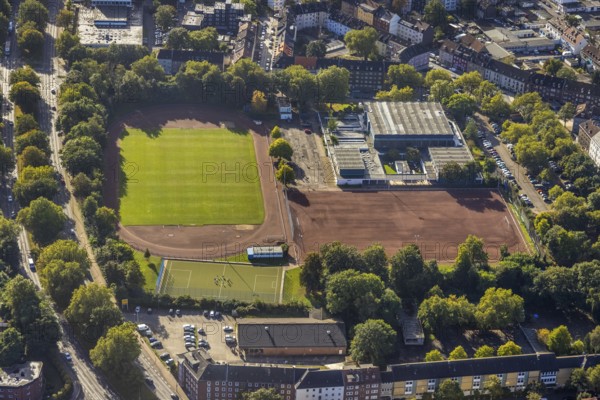 Aerial view, sports centre Schürenkamp with sports field in the district Schalke in Gelsenkirchen, Ruhr area, North Rhine-Westphalia, Germany, DE, Europe, football field, Gelsenkirchen, aerial view, aerial photography, aerial photography, sports, sports facilities, sports field, sports facility, overview, bird's-eye view, overview