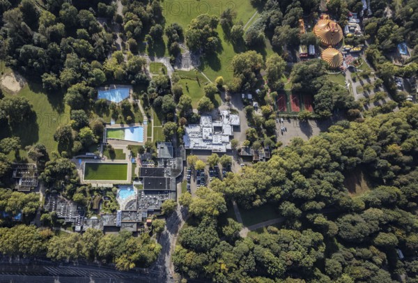 Aerial view, sports and health park with sauna, brine and wellness in Revierpark Nienhausen in the Feldmark district of Gelsenkirchen, Ruhr area, North Rhine-Westphalia, Germany, DE, Europe, leisure park, Gelsenkirchen, Gesundheitspark Nienhausen, aerial view, aerial photography, aerial photography, park, overview, bird's eye view, wellness, birds-eyes view, overview