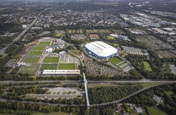 Aerial view, VELTINS-Arena Bundesliga stadium of FC Schalke 04 with training grounds in the district Erle in Gelsenkirchen, Ruhr area, North Rhine-Westphalia, Germany, arena, DE, Europe, football pitch, football stadium, football club, Gelsenkirchen, aerial view, aerial photography, aerial photography, sports, sports facilities, sports field, sports facility, stadium, overview, bird's-eye view, birds-eyes view, overview