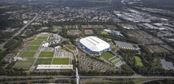 Aerial view, VELTINS-Arena Bundesliga stadium of FC Schalke 04 with training grounds in the district Erle in Gelsenkirchen, Ruhr area, North Rhine-Westphalia, Germany, arena, DE, Europe, football pitch, football stadium, football club, Gelsenkirchen, aerial view, aerial photography, aerial photography, sports, sports facilities, sports field, sports facility, stadium, overview, bird's-eye view, birds-eyes view, overview