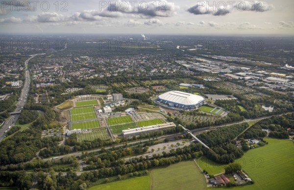 Aerial view, VELTINS-Arena Bundesliga stadium of FC Schalke 04 with training grounds in the district Erle in Gelsenkirchen, Ruhr area, North Rhine-Westphalia, Germany, arena, DE, Europe, football pitch, football stadium, football club, Gelsenkirchen, aerial view, aerial photography, aerial photography, sports, sports facilities, sports field, sports facility, stadium, overview, bird's-eye view, birds-eyes view, overview