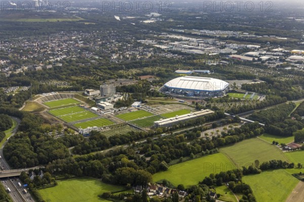 Aerial view, VELTINS-Arena Bundesliga stadium of FC Schalke 04 with training grounds in the district Erle in Gelsenkirchen, Ruhr area, North Rhine-Westphalia, Germany, arena, DE, Europe, football pitch, football stadium, football club, Gelsenkirchen, aerial view, aerial photography, aerial photography, sports, sports facilities, sports field, sports facility, stadium, overview, bird's-eye view, birds-eyes view, overview