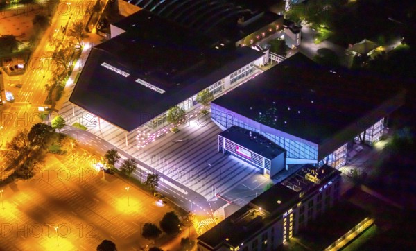 Aerial view, Grugahalle, Essen-Rüttenscheid, Essen, Ruhr area, North Rhine-Westphalia, Germany, outdoor lighting, DE, twilight, Europe, culture, art, light pollution, aerial photograph, aerial photography, aerial photography, exhibition centre, night aerial photograph, streetlights, street lamps, overview, events, venue, event location, event centre, bird's eye view, illuminated, illuminated houses, illuminated house, birds-eyes view, cultural use, artificial lighting, night, nightflight, overview