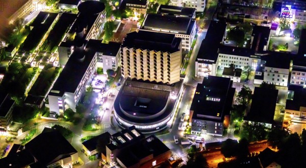 Aerial photography, University Hospital Essen, ENT Clinic, Essen-Rüttenscheid, Essen, Ruhr area, North Rhine-Westphalia, Germany, outdoor lighting, DE, twilight, Europe, healthcare, hospital, clinic, clinic centre, hospital, light pollution, aerial photography, aerial photography, aerial photography, medical facility, medical aid, night aerial photography, streetlights, street lamps, overview, bird's eye view, illuminated, illuminated houses, illuminated house, birds-eyes view, artificial light, night, nightflight, overview, medical care