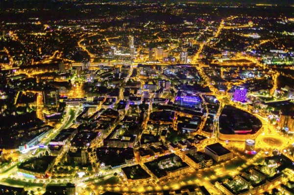 Aerial view, Limbecker Platz, shopping centre, Berliner Platz, Westviertel, Essen, Ruhr area, North Rhine-Westphalia, Germany, outdoor lighting, DE, twilight, shopping centre, shopping square, Europe, light pollution, aerial photograph, aerial photography, aerial photography at night, shopping, shopping centre, streetlights, street lamps, overview, bird's eye view, illuminated, illuminated houses, illuminated house, birds-eyes view, artificial light, night, nightflight, overview