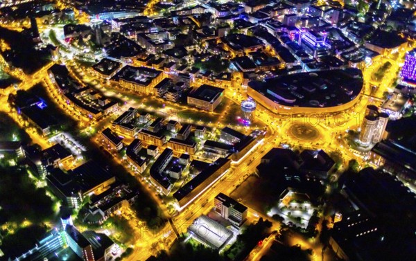 Aerial photograph, Limbecker Platz, shopping centre, Berliner Platz, Westviertel, Essen, Ruhr area, North Rhine-Westphalia, Germany, outdoor lighting, DE, twilight, shopping centre, shopping square, Europe, light pollution, aerial photograph, aerial photography, aerial photography, media house, media company, night aerial photography, shopping, shopping centre, streetlights, street lamps, overview, publishing house, publishing industry, bird's-eye view, illuminated, illuminated houses, illuminated house, birds-eyes view, artificial light, night, nightflight, overview