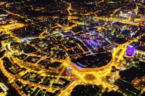 Aerial view, Limbecker Platz, shopping centre, Berliner Platz, Westviertel, Essen, Ruhr area, North Rhine-Westphalia, Germany, outdoor lighting, DE, twilight, shopping centre, shopping square, Europe, light pollution, aerial photograph, aerial photography, aerial photography at night, shopping, shopping centre, streetlights, street lamps, overview, bird's eye view, illuminated, illuminated houses, illuminated house, birds-eyes view, artificial light, night, nightflight, overview