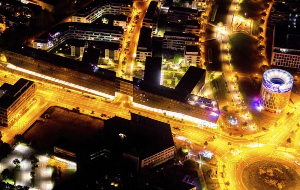 Aerial view, Berliner Platz, Funke Mediengruppe, Westviertel, Essen, Ruhr area, North Rhine-Westphalia, Germany, outdoor lighting, DE, twilight, shopping centre, shopping square, shopping mall, Europe, light pollution, aerial view, aerial photography, aerial photography, media house, media company, night aerial photography, shopping, shopping centre, streetlights, street lamps, overview, publishing house, publishing industry, bird's-eye view, illuminated, illuminated houses, illuminated house, birds-eyes view, artificial light, night, nightflight, overview