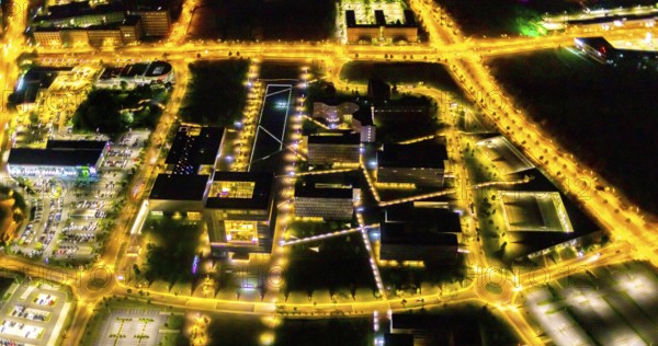 Aerial view, thyssenkrupp Quarter, Altendorf, Essen, Ruhr area, North Rhine-Westphalia, Germany, outdoor lighting, office campus, DE, design, twilight, Europe, light pollution, aerial photograph, aerial photography, night aerial photograph, streetlights, street lamps, thyssenkrupp headquarters, overview, bird's eye view, illuminated, illuminated houses, illuminated house, birds-eyes view, artificial light, night, nightflight, overview