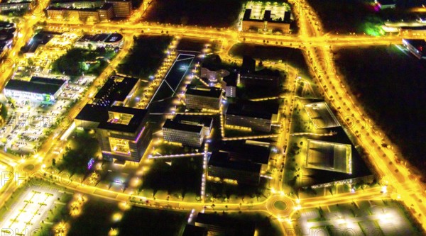 Aerial view, thyssenkrupp Quarter, Altendorf, Essen, Ruhr area, North Rhine-Westphalia, Germany, outdoor lighting, office campus, DE, design, twilight, Europe, light pollution, aerial photograph, aerial photography, night aerial photograph, streetlights, street lamps, thyssenkrupp headquarters, overview, bird's eye view, illuminated, illuminated houses, illuminated house, birds-eyes view, artificial light, night, nightflight, overview