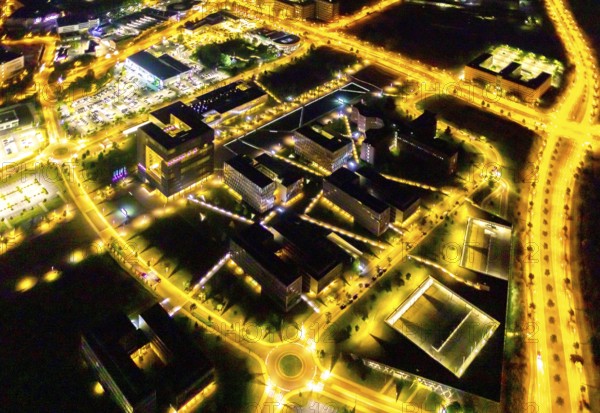 Aerial view, thyssenkrupp Quarter, Altendorf, Essen, Ruhr area, North Rhine-Westphalia, Germany, outdoor lighting, office campus, DE, design, twilight, Europe, light pollution, aerial photograph, aerial photography, night aerial photograph, streetlights, street lamps, thyssenkrupp headquarters, overview, bird's eye view, illuminated, illuminated houses, illuminated house, birds-eyes view, artificial light, night, nightflight, overview