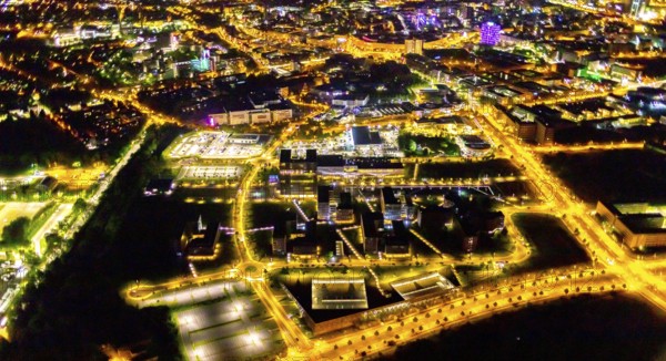 Aerial view, thyssenkrupp Quarter, Altendorf, Essen, Ruhr area, North Rhine-Westphalia, Germany, outdoor lighting, office campus, DE, design, twilight, Europe, light pollution, aerial photograph, aerial photography, night aerial photograph, streetlights, street lamps, thyssenkrupp headquarters, overview, bird's eye view, illuminated, illuminated houses, illuminated house, birds-eyes view, artificial light, night, nightflight, overview