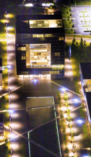 Aerial view, thyssenkrupp Quarter, Altendorf, Essen, Ruhr area, North Rhine-Westphalia, Germany, outdoor lighting, office campus, DE, design, twilight, Europe, light pollution, aerial photograph, aerial photography, night aerial photograph, Q1 buildings, streetlights, street lamps, thyssenkrupp headquarters, overview, bird's eye view, illuminated, illuminated houses, illuminated house, birds-eyes view, artificial light, night, nightflight, overview
