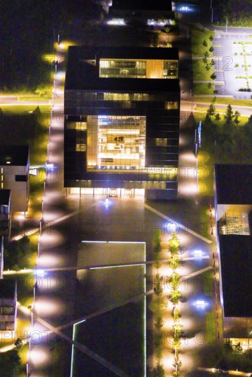 Aerial view, thyssenkrupp Quarter, Altendorf, Essen, Ruhr area, North Rhine-Westphalia, Germany, outdoor lighting, office campus, DE, design, twilight, Europe, light pollution, aerial photograph, aerial photography, night aerial photograph, Q1 buildings, streetlights, street lamps, thyssenkrupp headquarters, overview, bird's eye view, illuminated, illuminated houses, illuminated house, birds-eyes view, artificial light, night, nightflight, overview