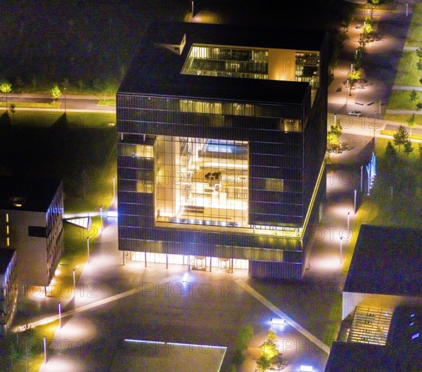 Aerial view, thyssenkrupp Quarter, Altendorf, Essen, Ruhr area, North Rhine-Westphalia, Germany, outdoor lighting, office campus, DE, design, twilight, Europe, light pollution, aerial photograph, aerial photography, night aerial photograph, Q1 buildings, streetlights, street lamps, thyssenkrupp headquarters, overview, bird's eye view, illuminated, illuminated houses, illuminated house, birds-eyes view, artificial light, night, nightflight, overview