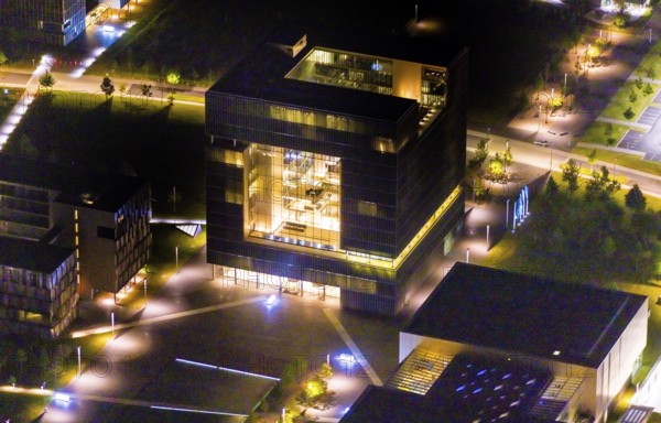 Aerial view, thyssenkrupp Quarter, Altendorf, Essen, Ruhr area, North Rhine-Westphalia, Germany, outdoor lighting, office campus, DE, design, twilight, Europe, light pollution, aerial photograph, aerial photography, night aerial photograph, Q1 buildings, streetlights, street lamps, thyssenkrupp headquarters, overview, bird's eye view, illuminated, illuminated houses, illuminated house, birds-eyes view, artificial light, night, nightflight, overview