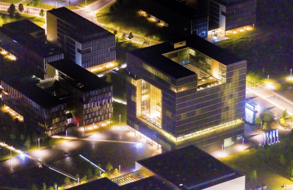 Aerial view, thyssenkrupp Quarter, Altendorf, Essen, Ruhr area, North Rhine-Westphalia, Germany, outdoor lighting, office campus, DE, design, twilight, Europe, light pollution, aerial photograph, aerial photography, night aerial photograph, Q1 buildings, streetlights, street lamps, thyssenkrupp headquarters, overview, bird's eye view, illuminated, illuminated houses, illuminated house, birds-eyes view, artificial light, night, nightflight, overview
