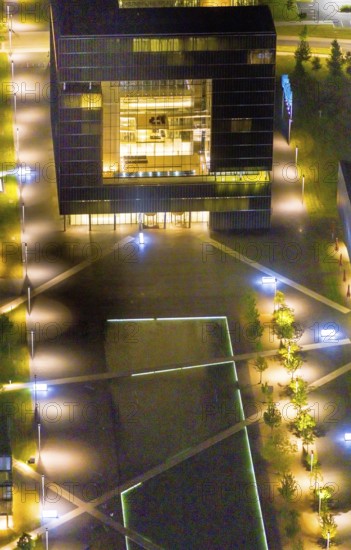 Aerial view, thyssenkrupp Quarter, Altendorf, Essen, Ruhr area, North Rhine-Westphalia, Germany, outdoor lighting, office campus, DE, design, twilight, Europe, light pollution, aerial photograph, aerial photography, night aerial photograph, Q1 buildings, streetlights, street lamps, thyssenkrupp headquarters, overview, bird's eye view, illuminated, illuminated houses, illuminated house, birds-eyes view, artificial light, night, nightflight, overview