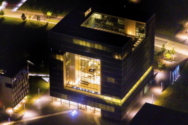 Aerial view, thyssenkrupp Quarter, Altendorf, Essen, Ruhr area, North Rhine-Westphalia, Germany, outdoor lighting, office campus, DE, design, twilight, Europe, light pollution, aerial photograph, aerial photography, night aerial photograph, Q1 buildings, streetlights, street lamps, thyssenkrupp headquarters, overview, bird's eye view, illuminated, illuminated houses, illuminated house, birds-eyes view, artificial light, night, nightflight, overview
