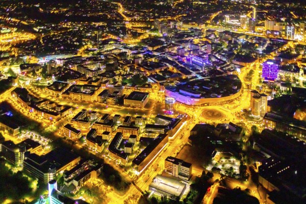 Aerial photograph, Limbecker Platz, shopping centre, Berliner Platz, Funke Mediengruppe, Westviertel, Essen, Ruhr area, North Rhine-Westphalia, Germany, outdoor lighting, DE, twilight, shopping centre, shopping square, Europe, light pollution, aerial photograph, aerial photography, aerial photography, media house, media company, night aerial photography, shopping, shopping centre, streetlights, street lamps, overview, publishing house, publishing industry, bird's-eye view, illuminated, illuminated houses, illuminated house, birds-eyes view, artificial light, night, nightflight, overview