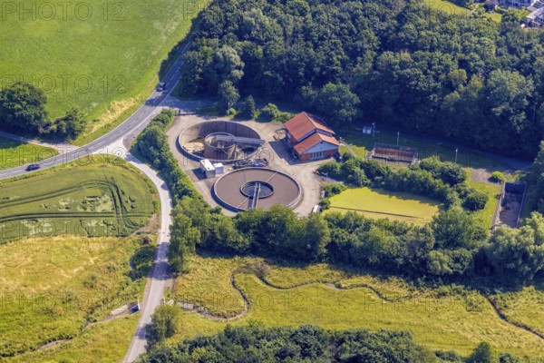 Aerial photograph, sewage treatment plant Ense-Bremen, Bremer Heide, Bremen, Ense, Sauerland, North Rhine-Westphalia, Germany, DE, Europe, sewage treatment plant, aerial photograph, aerial photography, aerial photography, overview, bird's-eye view, overview